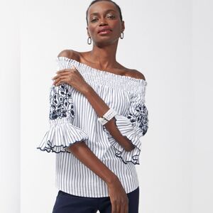 Chico’s Off Shoulder Slim Strip Tunic SZ 1.5 US 6 Black&White Smocked 3/4 Sleeve